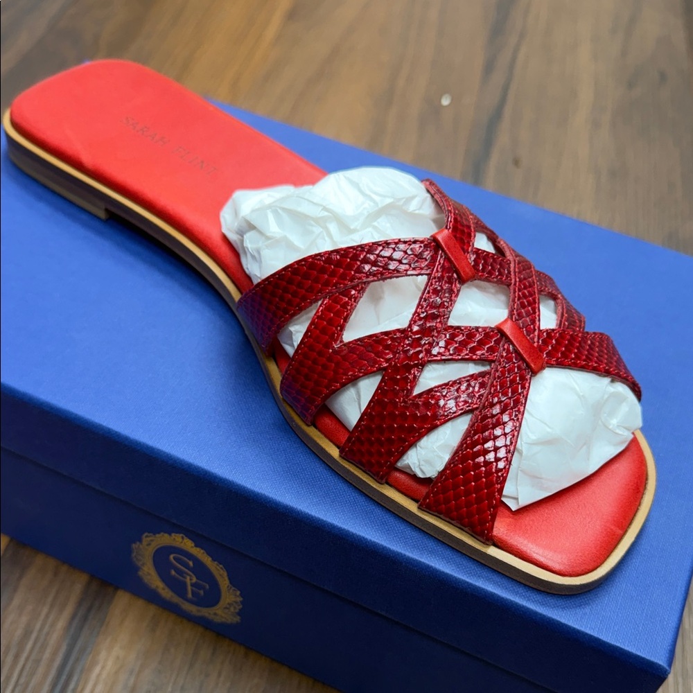 Sarah Flint Kim Sandal Cherry Red Slide Sandals embossed calf